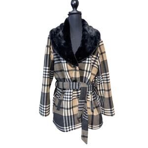 Ellen Reyes woman plus size tan black plaid coat button front belted faux fur 1X